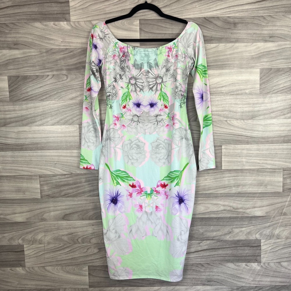 ASOS Bodycon Dress Womens 8 White Floral Print Fitted Long Sleeve Scoop Neck